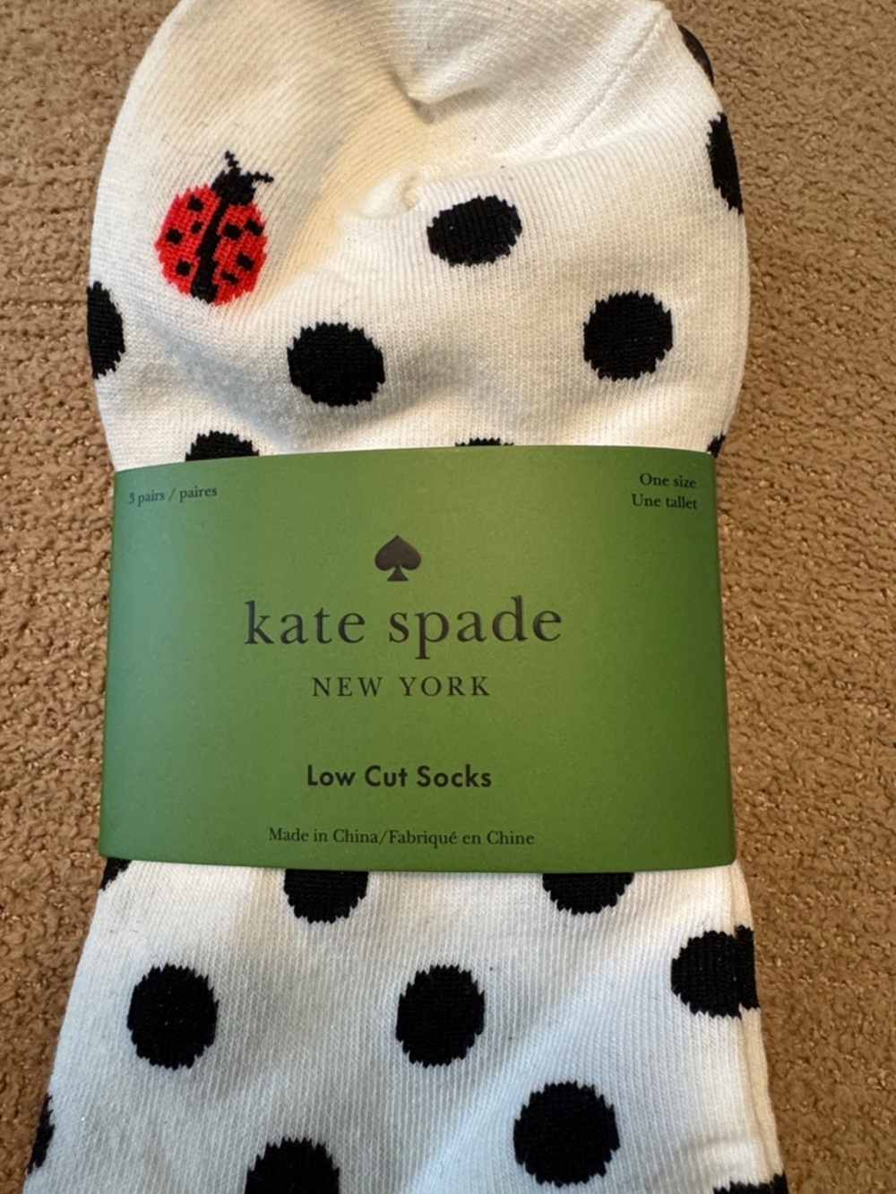 Kate Spade White Polka Dot Low Cut Socks with Red Ladybug Accent